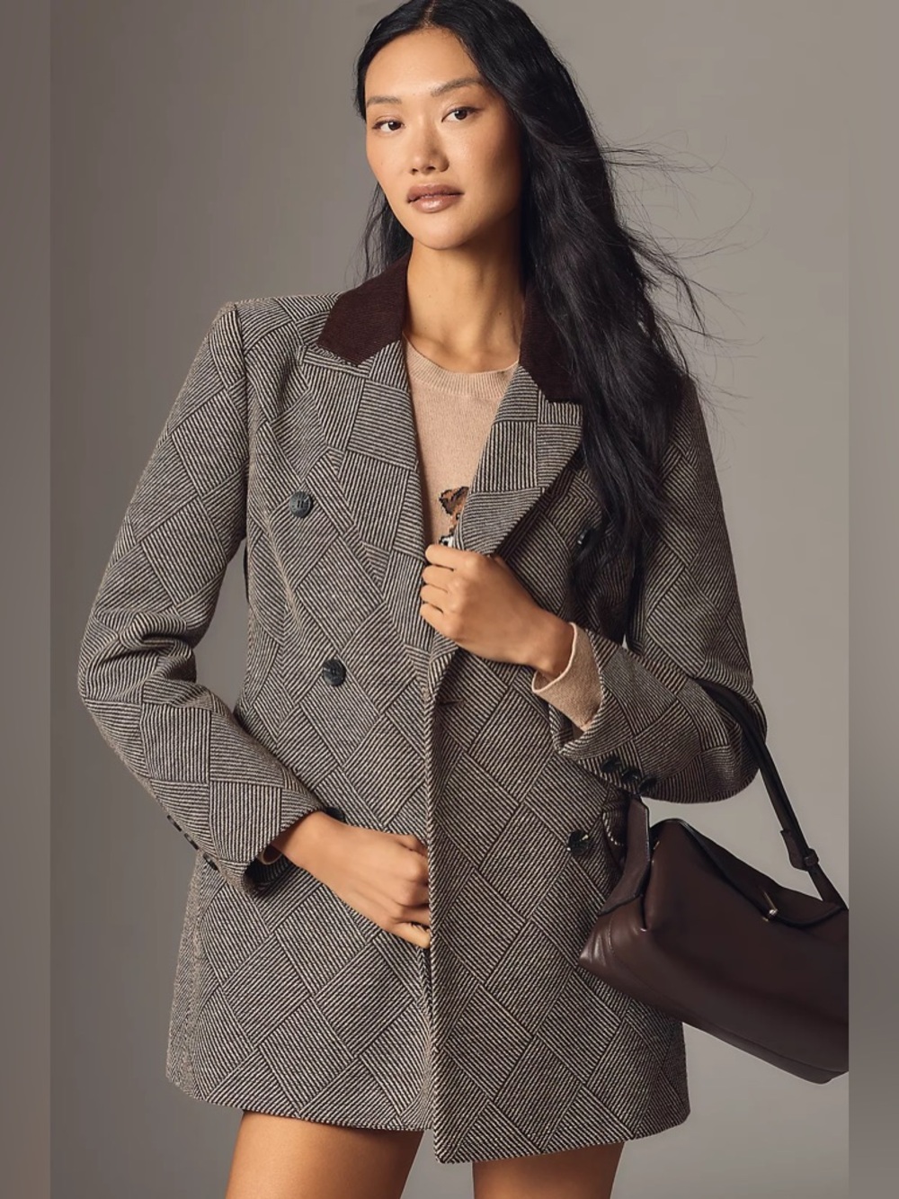 Avec Les Filles Basket Weave Double-Breasted Hourglass Blazer Corduroy Collar